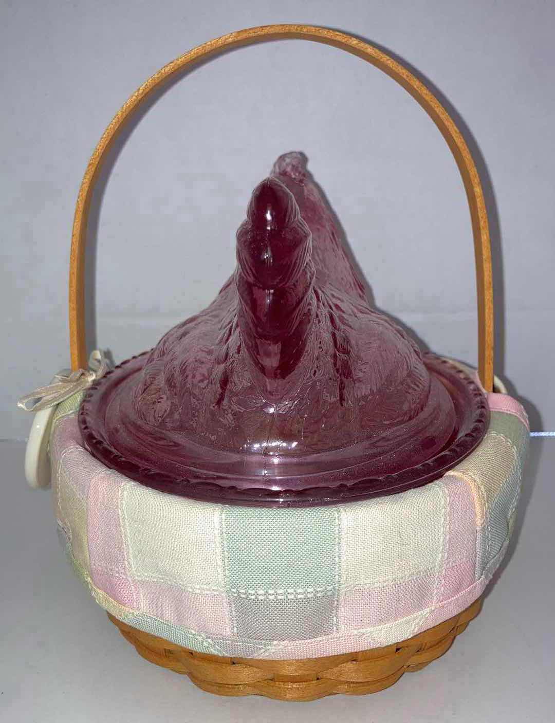 Photo 1 of LONGABERGER 2002 WHITEWASHED EASTER MAPLE WOOD BASKET W EASTER-COLOR FABRIC LINER & PINK GLASS HEN DISH 7.5” X 6.25” H6.5”