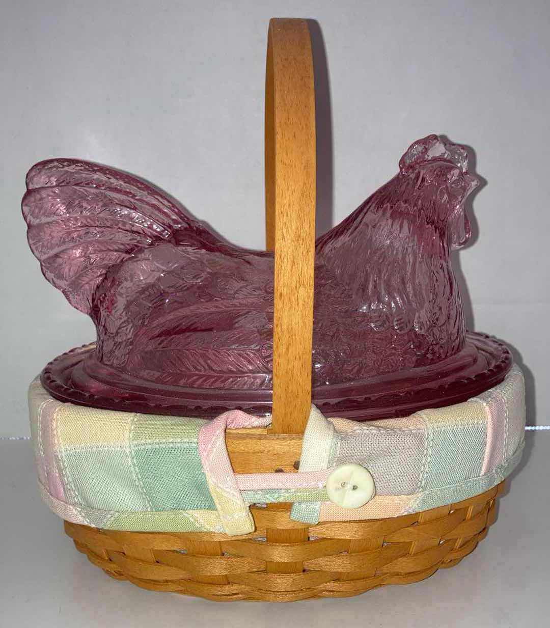 Photo 1 of LONGABERGER 2002 WHITEWASHED EASTER MAPLE WOOD BASKET W EASTER-COLOR FABRIC LINER & PINK GLASS HEN DISH 7.5” X 6.25” H6.5”