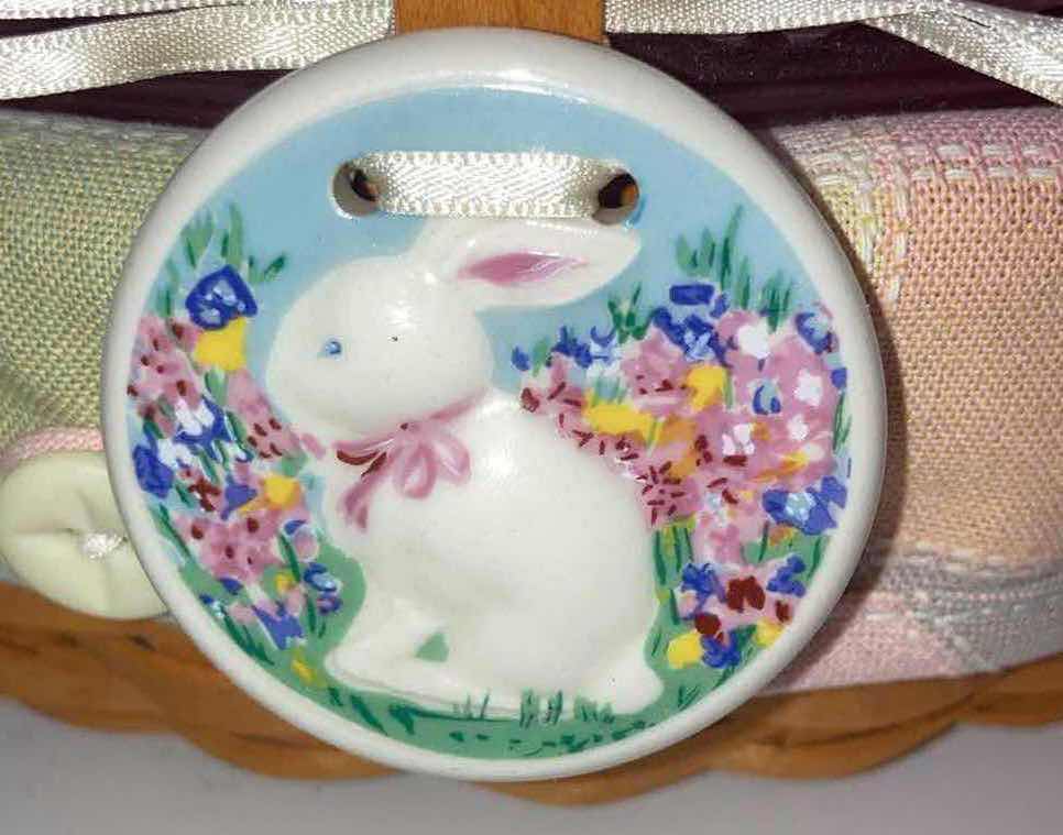Photo 1 of LONGABERGER 2002 WHITEWASHED EASTER MAPLE WOOD BASKET W EASTER-COLOR FABRIC LINER & PINK GLASS HEN DISH 7.5” X 6.25” H6.5”