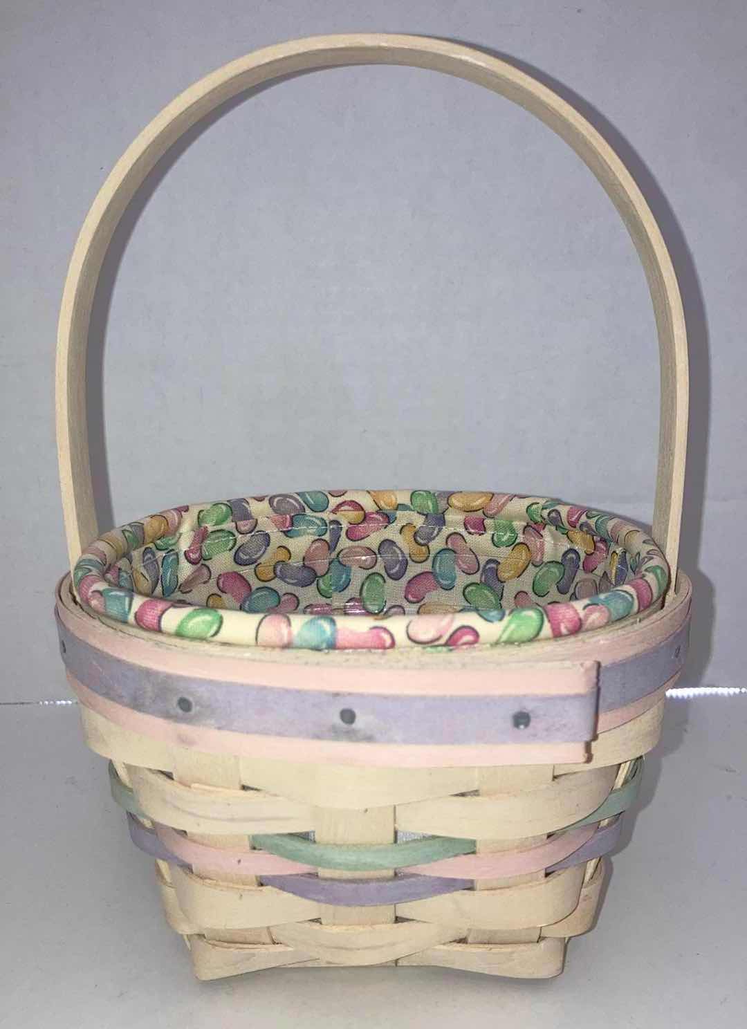 Photo 1 of LONGABERGER 2000 WHITEWASHED JELLY BEAN MAPLE WOOD BASKET W JELLY BEAN FABRIC LINER & BASKET PROTECTOR 5.5” X 5.5” H3.5”