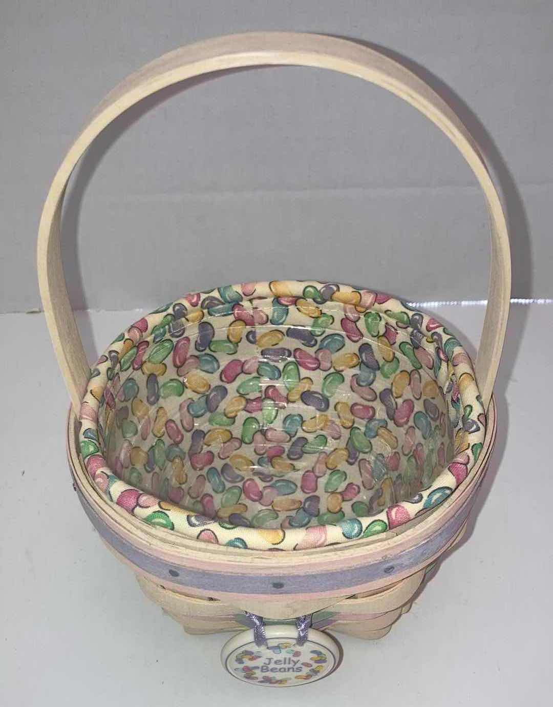 Photo 1 of LONGABERGER 2000 WHITEWASHED JELLY BEAN MAPLE WOOD BASKET W JELLY BEAN FABRIC LINER & BASKET PROTECTOR 5.5” X 5.5” H3.5”