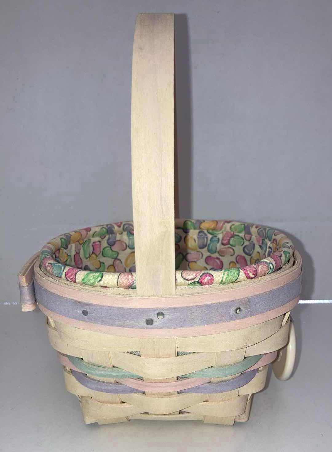 Photo 1 of LONGABERGER 2000 WHITEWASHED JELLY BEAN MAPLE WOOD BASKET W JELLY BEAN FABRIC LINER & BASKET PROTECTOR 5.5” X 5.5” H3.5”