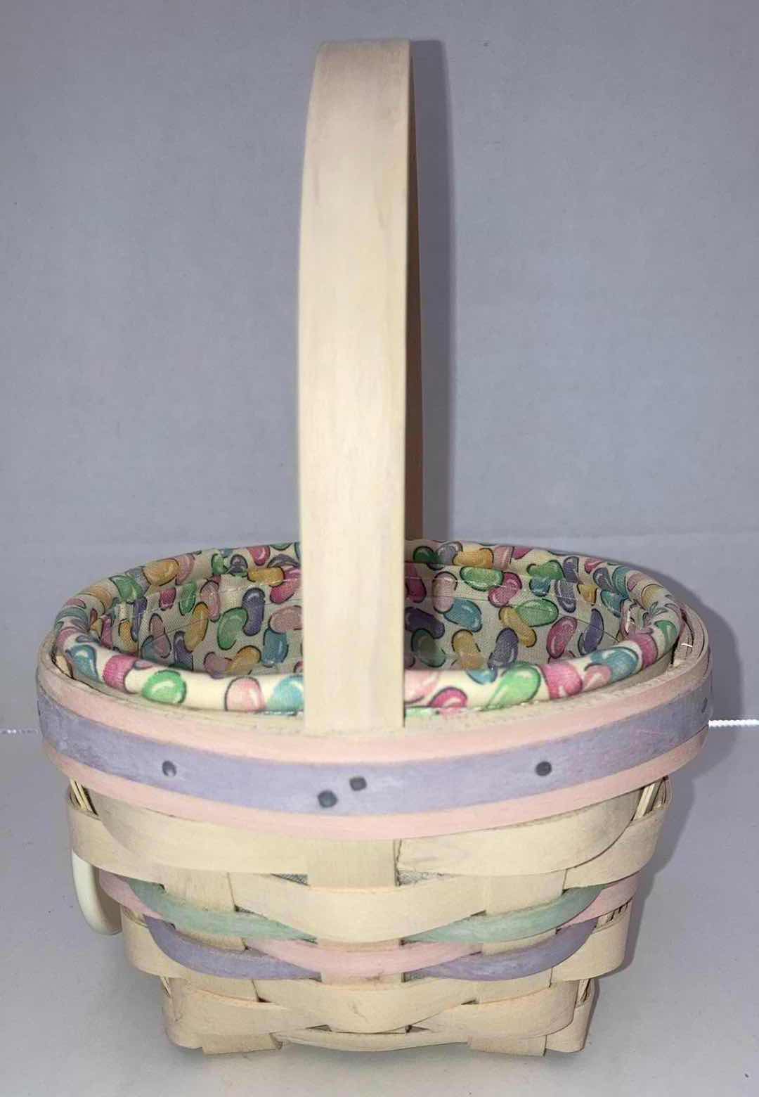 Photo 1 of LONGABERGER 2000 WHITEWASHED JELLY BEAN MAPLE WOOD BASKET W JELLY BEAN FABRIC LINER & BASKET PROTECTOR 5.5” X 5.5” H3.5”