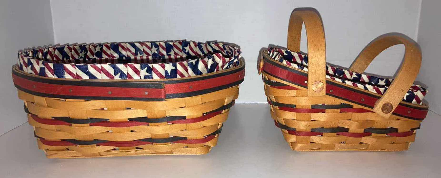 Photo 1 of LONGABERGER 1999 ALL AMERICAN BLUE RIBBON BREAD BASKET & 1996 ALL AMERICAN SUMMERTIME SLEIGH MAPLE WOOD BASKET W USA FABRIC LINER & BASKET PROTECTOR (10.5” X 9” H4.5” & 7.75” X 5” H4.75”)
