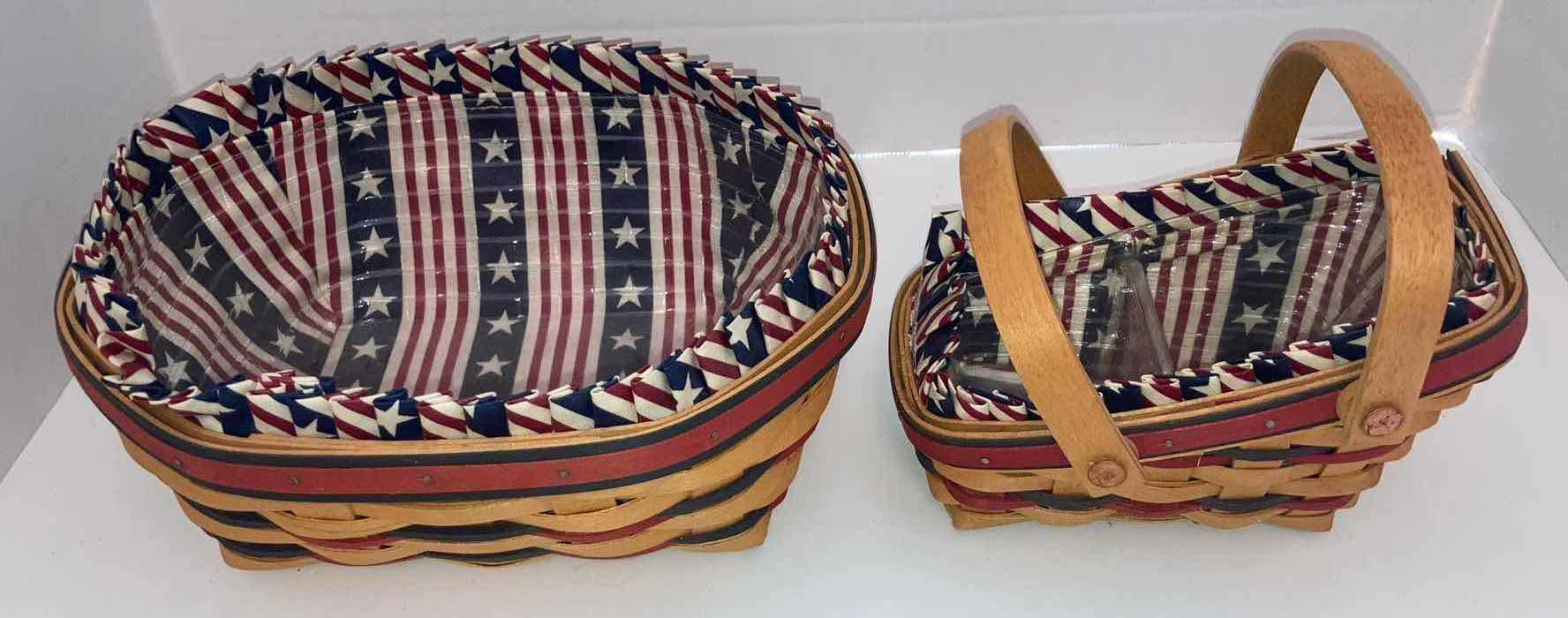 Photo 1 of LONGABERGER 1999 ALL AMERICAN BLUE RIBBON BREAD BASKET & 1996 ALL AMERICAN SUMMERTIME SLEIGH MAPLE WOOD BASKET W USA FABRIC LINER & BASKET PROTECTOR (10.5” X 9” H4.5” & 7.75” X 5” H4.75”)