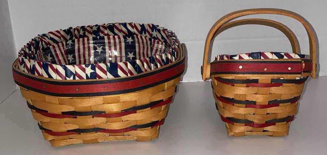 Photo 1 of LONGABERGER 1999 ALL AMERICAN BLUE RIBBON BREAD BASKET & 1996 ALL AMERICAN SUMMERTIME SLEIGH MAPLE WOOD BASKET W USA FABRIC LINER & BASKET PROTECTOR (10.5” X 9” H4.5” & 7.75” X 5” H4.75”)