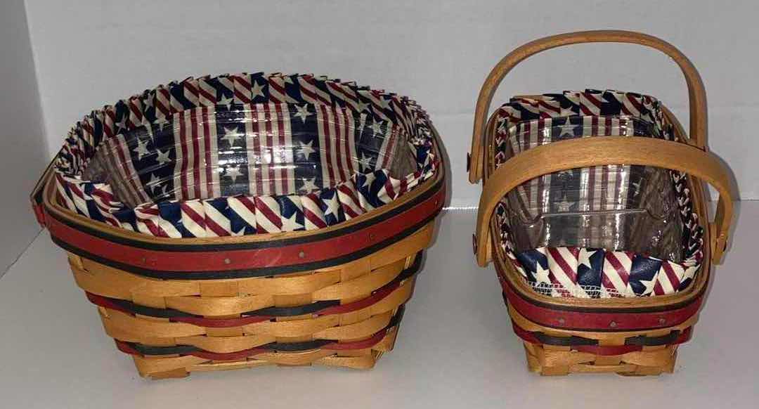 Photo 1 of LONGABERGER 1999 ALL AMERICAN BLUE RIBBON BREAD BASKET & 1996 ALL AMERICAN SUMMERTIME SLEIGH MAPLE WOOD BASKET W USA FABRIC LINER & BASKET PROTECTOR (10.5” X 9” H4.5” & 7.75” X 5” H4.75”)