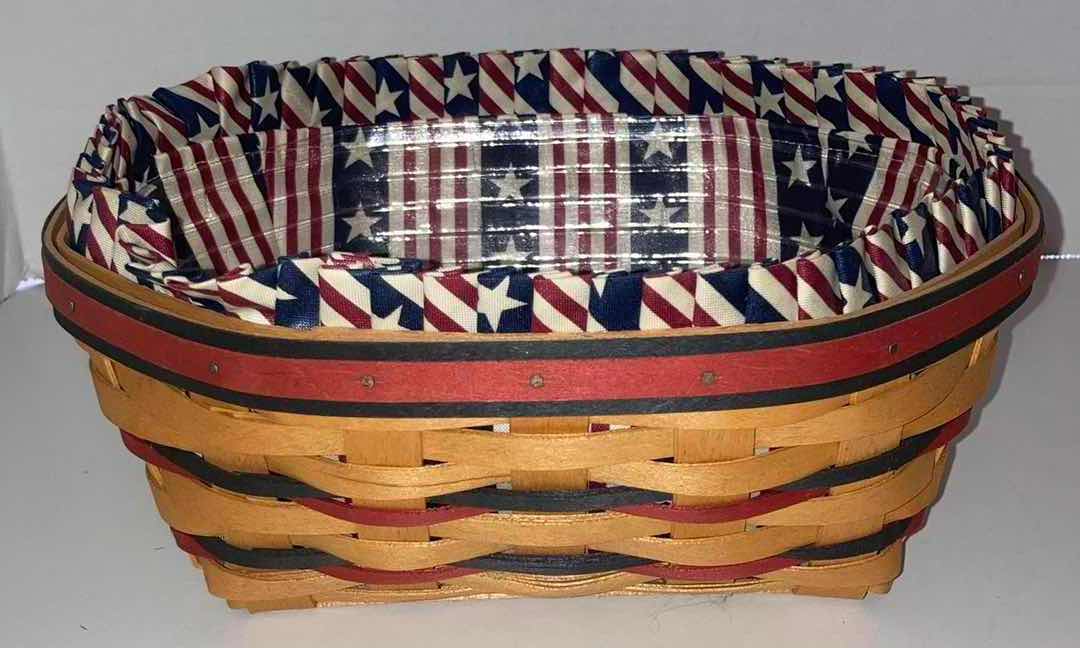Photo 1 of LONGABERGER 1999 ALL AMERICAN BLUE RIBBON BREAD BASKET & 1996 ALL AMERICAN SUMMERTIME SLEIGH MAPLE WOOD BASKET W USA FABRIC LINER & BASKET PROTECTOR (10.5” X 9” H4.5” & 7.75” X 5” H4.75”)