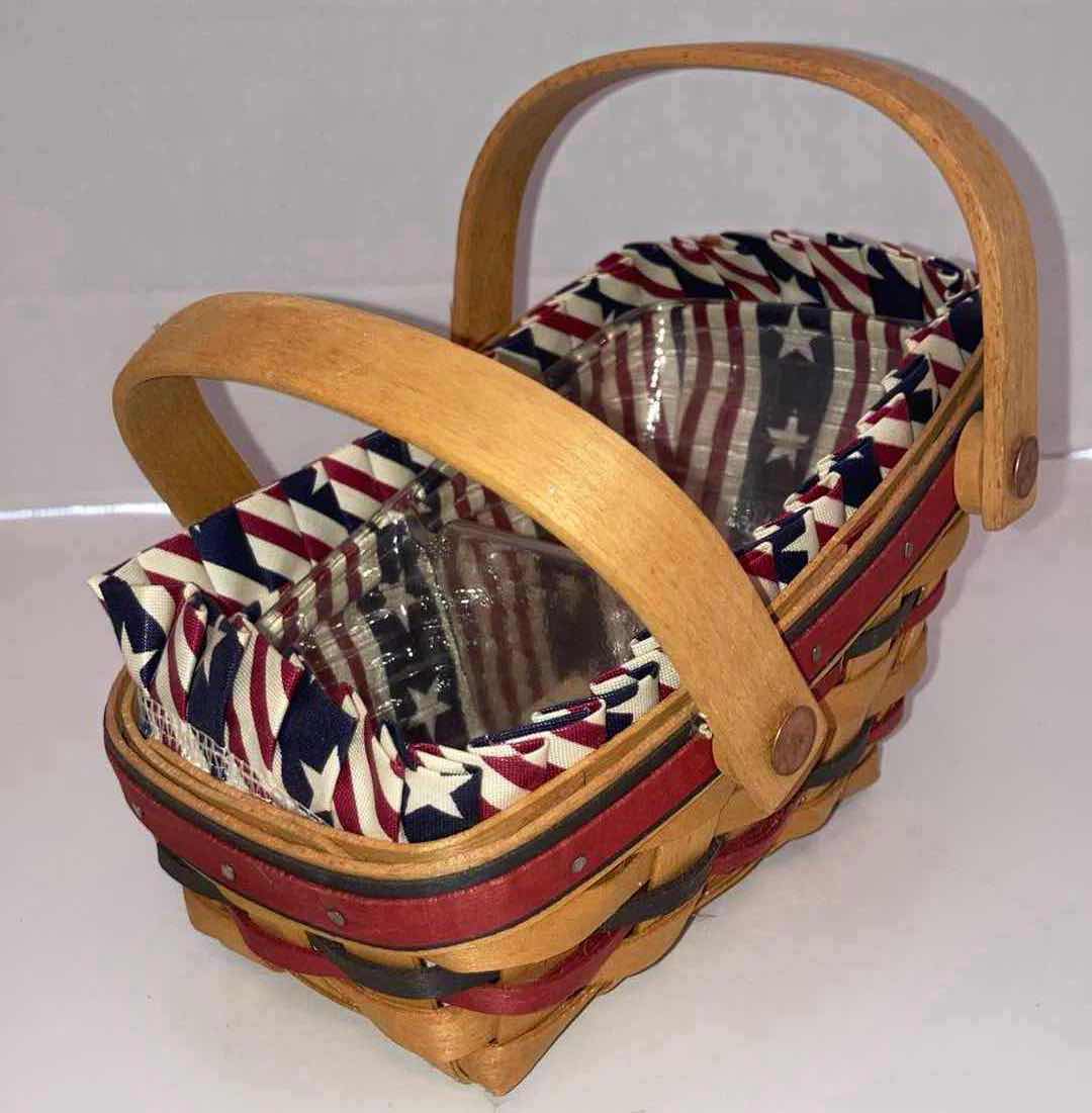 Photo 1 of LONGABERGER 1999 ALL AMERICAN BLUE RIBBON BREAD BASKET & 1996 ALL AMERICAN SUMMERTIME SLEIGH MAPLE WOOD BASKET W USA FABRIC LINER & BASKET PROTECTOR (10.5” X 9” H4.5” & 7.75” X 5” H4.75”)