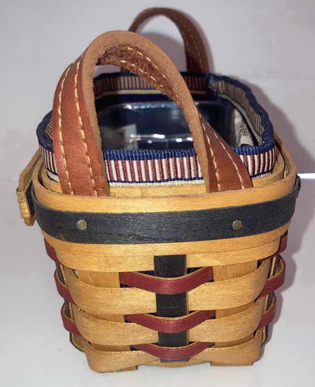 Photo 1 of LONGABERGER 2003 PROUDLY AMERICAN SALT & PEPPER MAPLE WOOD BASKET W AMERICAN FLAG-COLOR FABRIC LINER & BASKET PROTECTOR 5.75” X 3.5” H3.5”