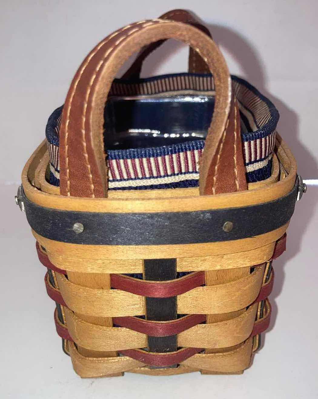 Photo 1 of LONGABERGER 2003 PROUDLY AMERICAN SALT & PEPPER MAPLE WOOD BASKET W AMERICAN FLAG-COLOR FABRIC LINER & BASKET PROTECTOR 5.75” X 3.5” H3.5”