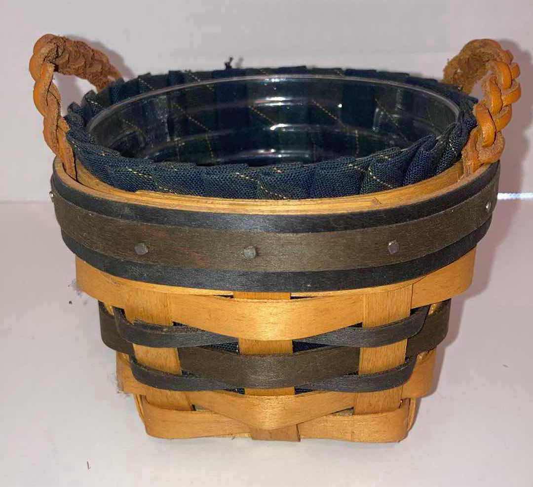 Photo 1 of LONGABERGER 1998 COLLECTORS CLUB RENEWAL, 1998 THYME & 2001 GATHERING MAPLE WOOD BASKETS W BLUE FABRIC LINER & BASKET PROTECTOR (8.25” X 8.25” H4”, 5” X 5” H3.25” & 11.75” X 7.5” H3.25”)