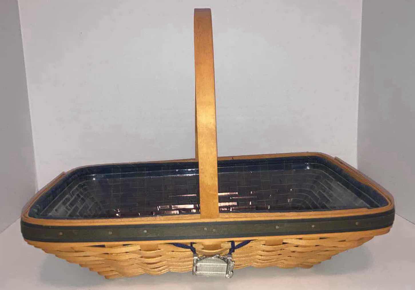 Photo 1 of LONGABERGER 2000 COLLECTORS CLUB SPRING MEADOW & 2003 RENEWAL MAPLE WOOD BASKETS W BLUE FABRIC LINER & BASKET PROTECTOR (16.5” X 10.75” H4” & 5” X 3.5” H3.5”)