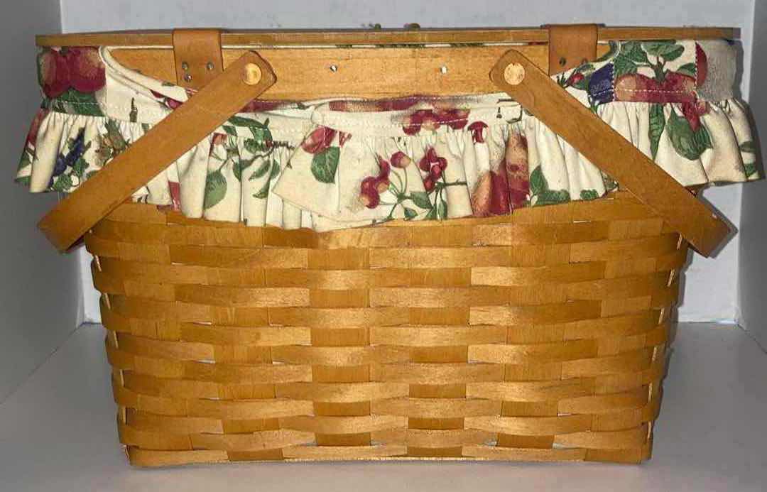 Photo 1 of LONGABERGER PICNIC MAPLE WOOD BASKET W FRUIT FABRIC LINER & BASKET PROTECTOR 16.5” X 13” H10.75”