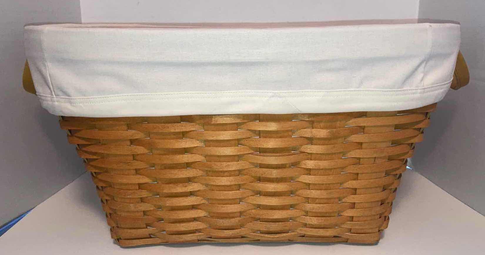 Photo 1 of LONGABERGER OVAL LAUNDRY MAPLE WOOD BASKET W WHITE FABRIC LINER & BASKET PROTECTOR 21” X 14.5” H10.75”