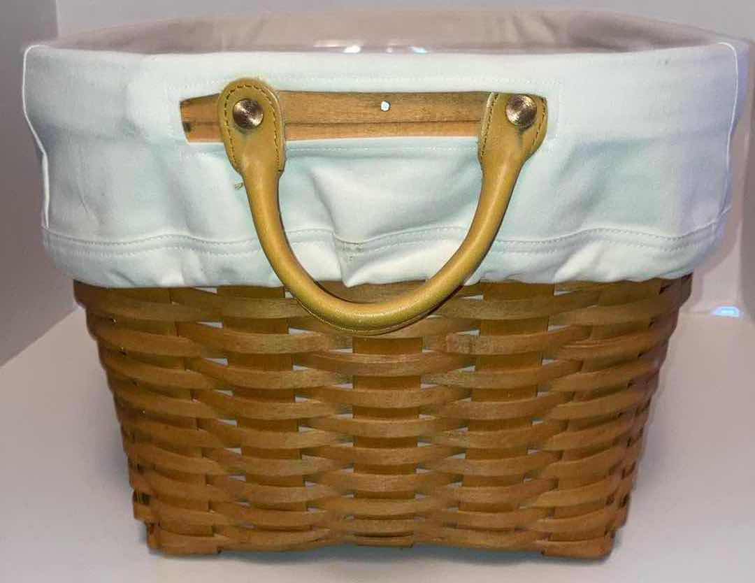 Photo 1 of LONGABERGER OVAL LAUNDRY MAPLE WOOD BASKET W WHITE FABRIC LINER & BASKET PROTECTOR 21” X 14.5” H10.75”