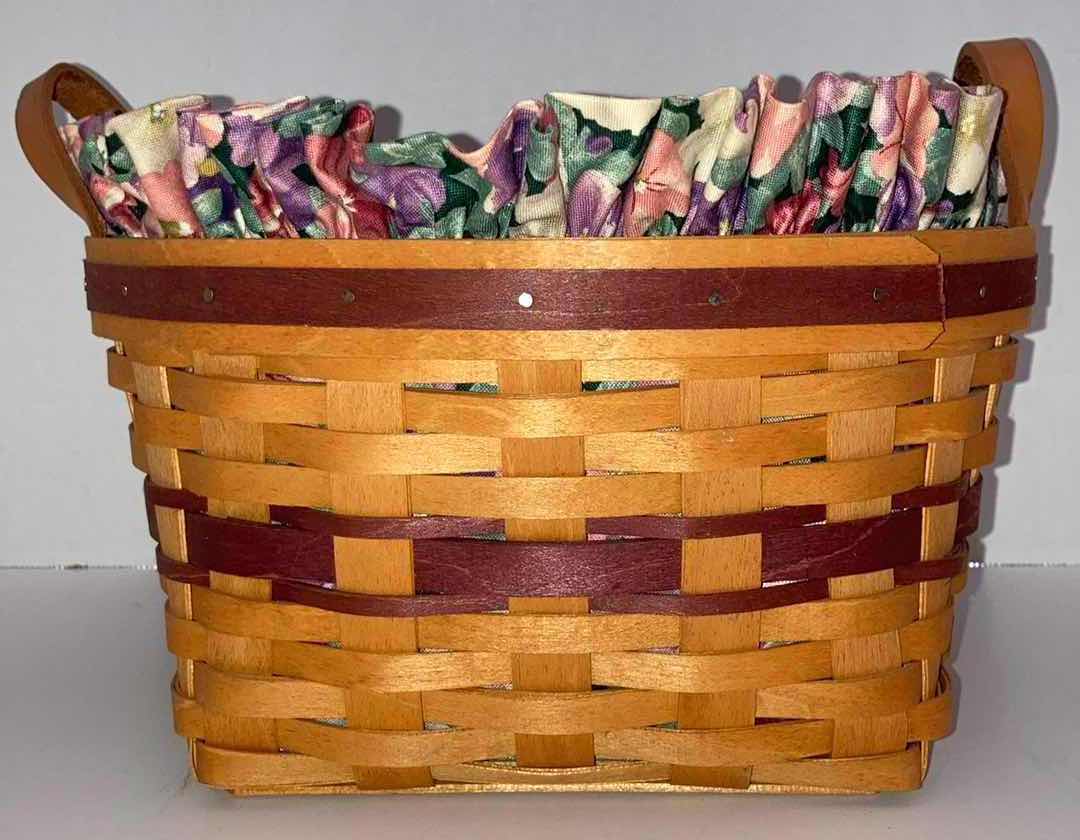 Photo 1 of LONGABERGER 1997 MAY SERIES PETUNIA MAPLE WOOD BASKET W PETUNIA FABRIC LINER & BASKET PROTECTOR 9.5” X 9.5” H5.5”