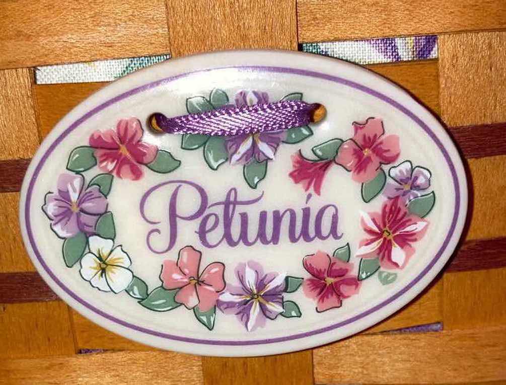 Photo 1 of LONGABERGER 1997 MAY SERIES PETUNIA MAPLE WOOD BASKET W PETUNIA FABRIC LINER & BASKET PROTECTOR 9.5” X 9.5” H5.5”