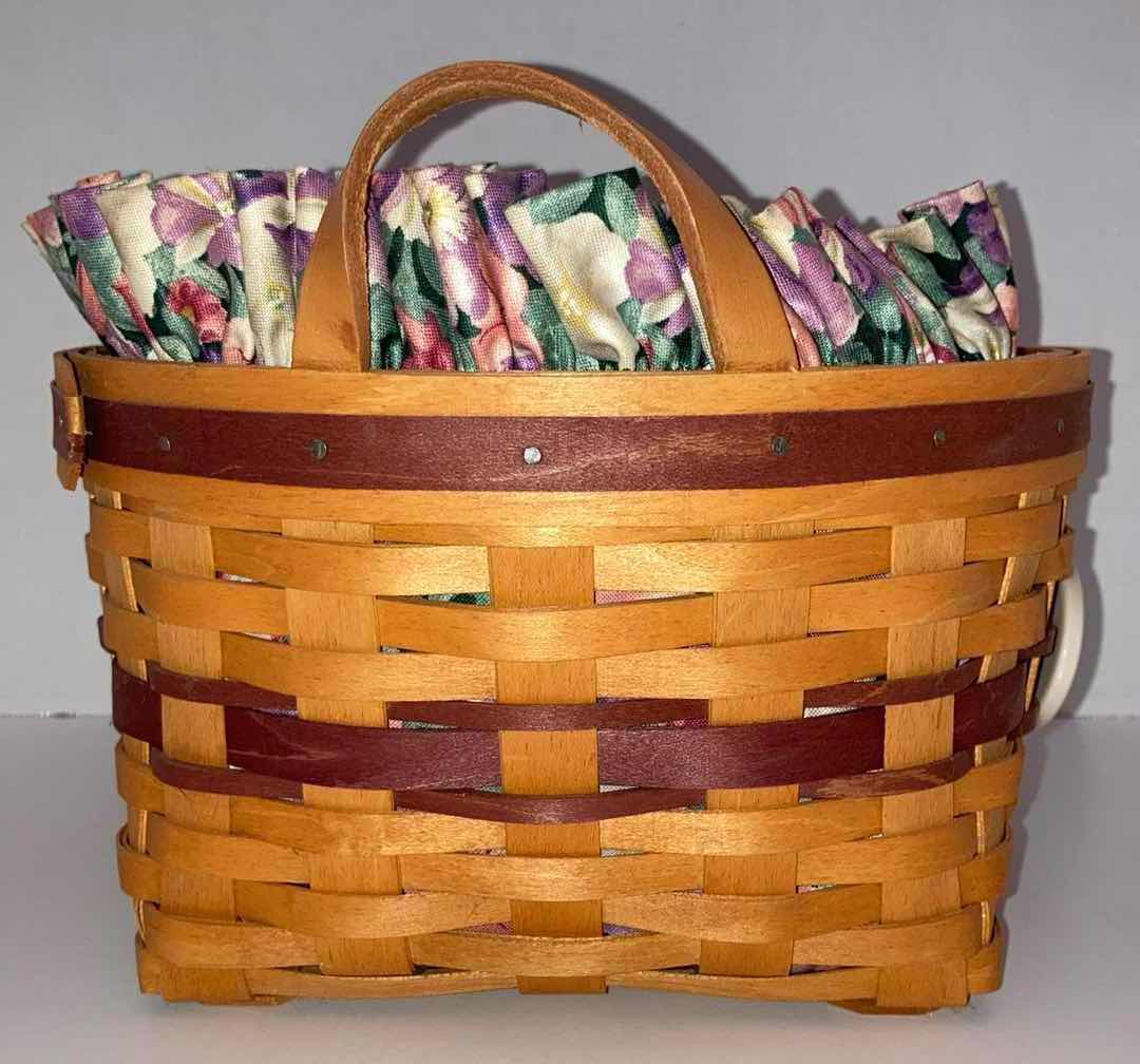 Photo 1 of LONGABERGER 1997 MAY SERIES PETUNIA MAPLE WOOD BASKET W PETUNIA FABRIC LINER & BASKET PROTECTOR 9.5” X 9.5” H5.5”