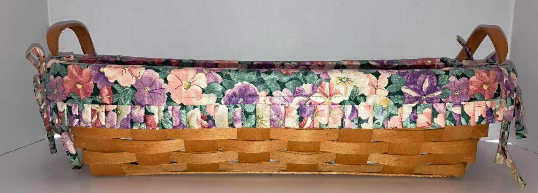 Photo 1 of LONGABERGER 1996 BREAD MAPLE WOOD BASKET W PETUNIA FABRIC LINER 17” X 8” H4.5”