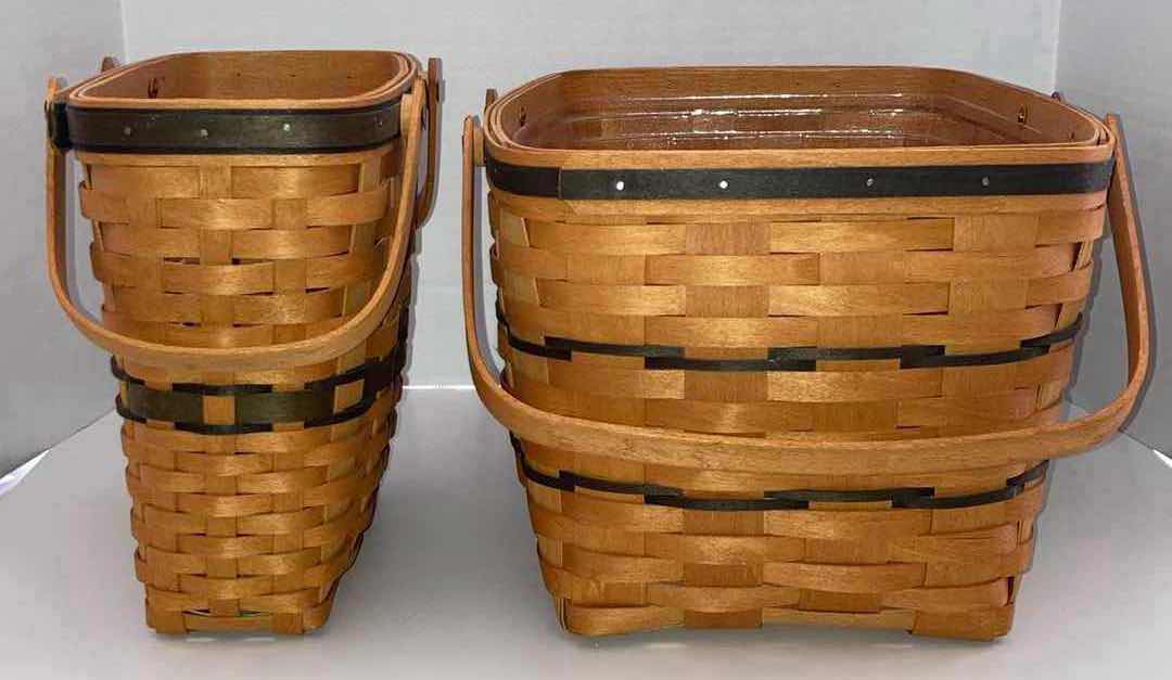 View 3 of LONGABERGER 1996 COLLECTORS CLUB MEMBERSHIP & LARGE MARKET MAPLE WOOD BASKETS (9.75” X 6” H9.75” & 15.75” X  11.75” H9”)