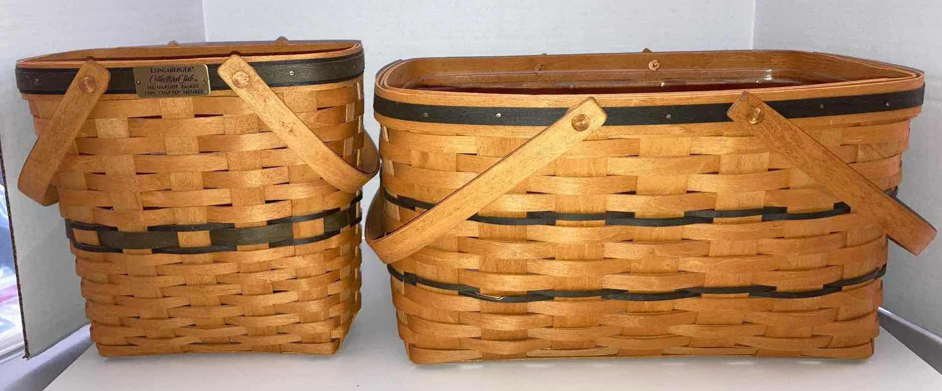 View 1 of LONGABERGER 1996 COLLECTORS CLUB MEMBERSHIP & LARGE MARKET MAPLE WOOD BASKETS (9.75” X 6” H9.75” & 15.75” X  11.75” H9”)
