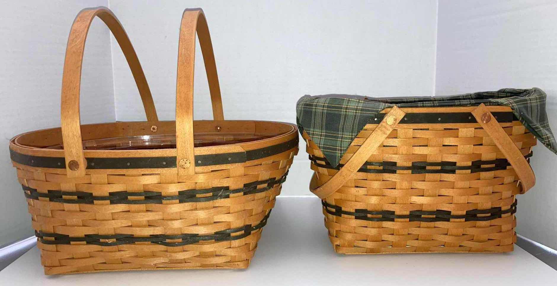 Photo 1 of LONGABERGER 1996 TRADITIONS COLLECTION COMMUNITY BASKET W PROTECTOR & 1997 FELLOWSHIP MAPLE WOOD BASKET W GREEN PLAID FABRIC LINER & BASKET PROTECTOR (15” X 13” H6.25” & 12” X 6.5” H8”)