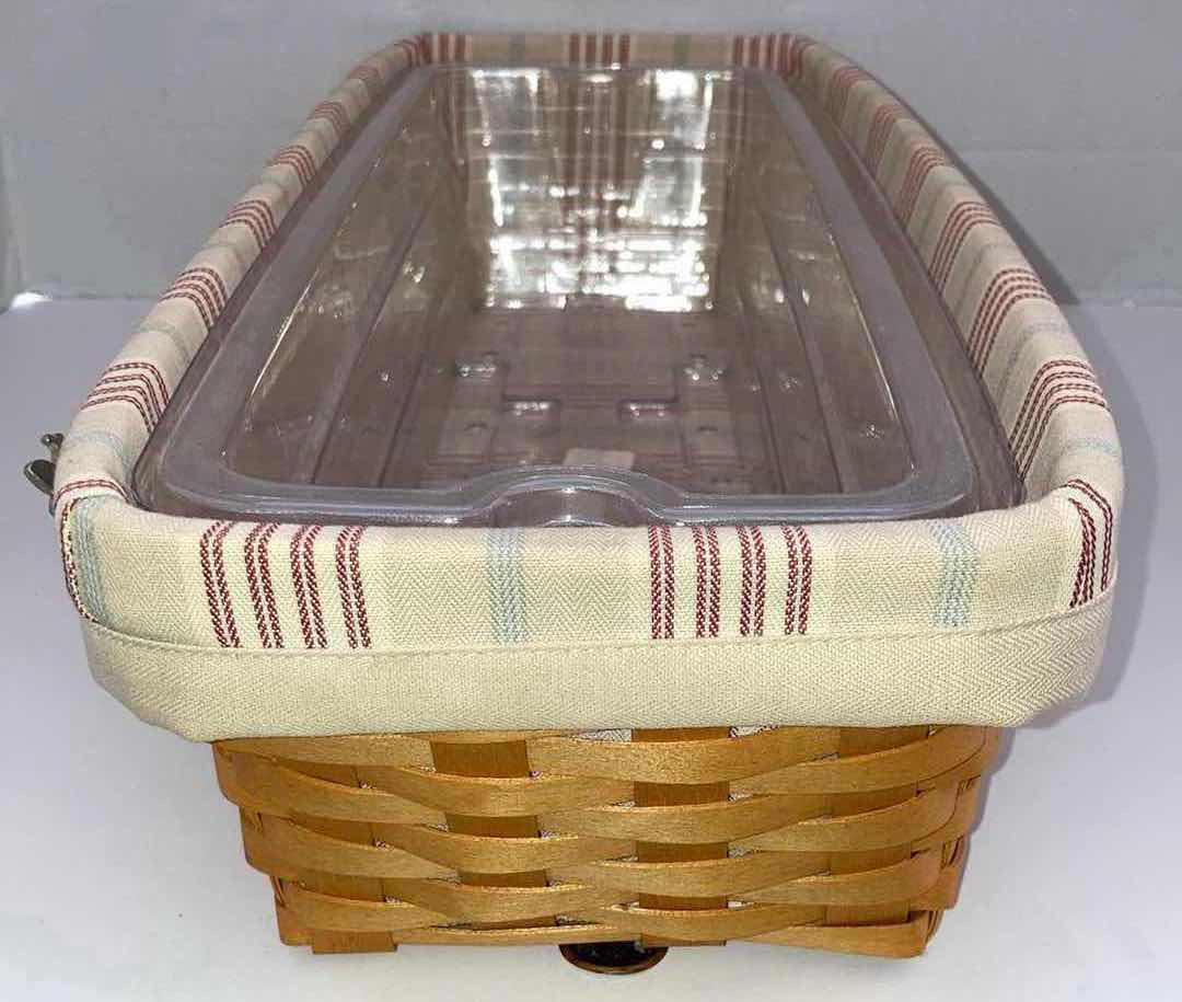 Photo 1 of LONGABERGER 2002 WINDOW BOS MAPLE WOOD BASKET W BIEGE STRIPED FABRIC LINER & BAKSET PROTECTOR 21” X 8.5” H4.75”