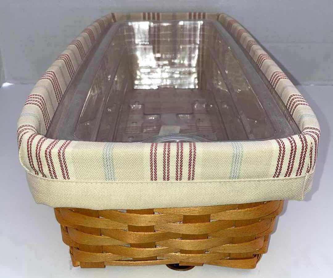 Photo 1 of LONGABERGER 2002 WINDOW BOS MAPLE WOOD BASKET W BIEGE STRIPED FABRIC LINER & BAKSET PROTECTOR 21” X 8.5” H4.75”