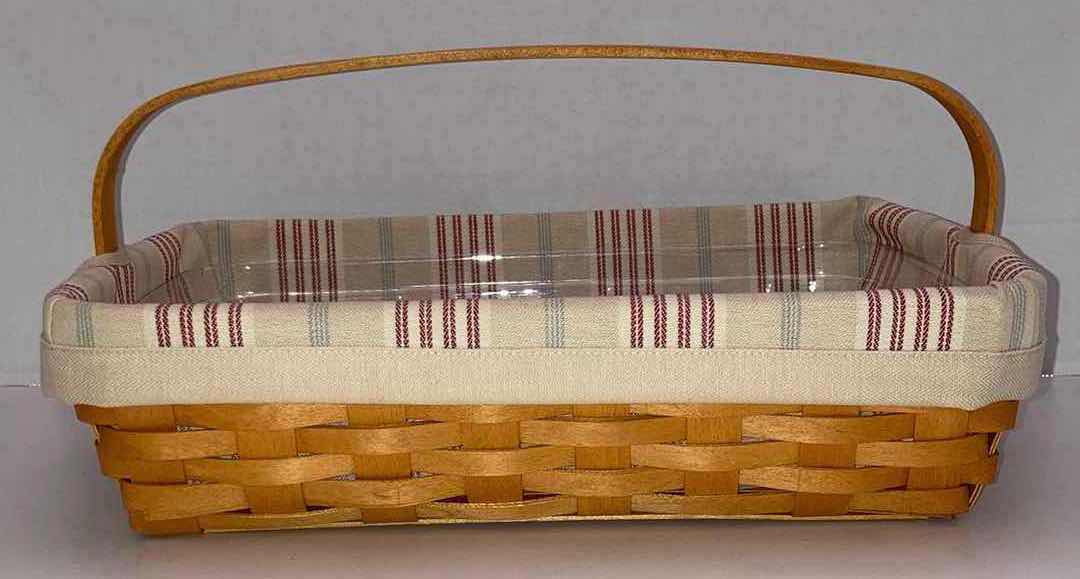 Photo 1 of LONGABERGER 2002 BACK PORCH MAPLE WOOD BASKET W BEIGE STRIPED FABRIC LINER & BASKET PROTECTOR 13.5” X 9.5” H3.5”