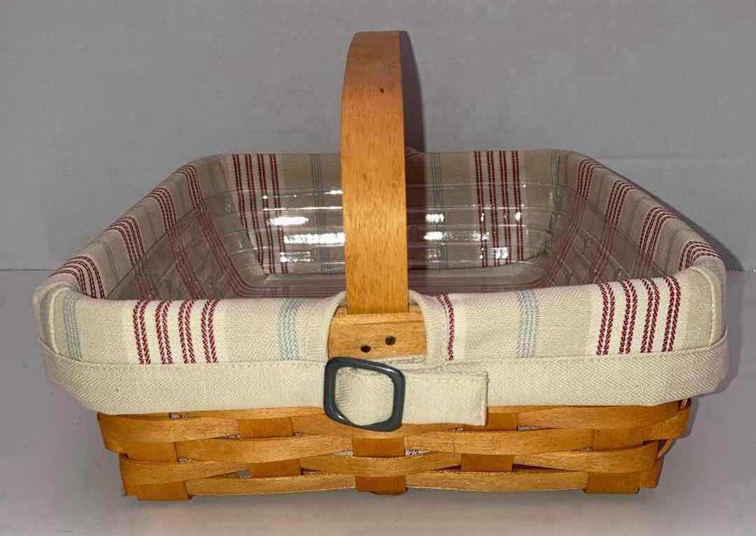 Photo 1 of LONGABERGER 2002 BACK PORCH MAPLE WOOD BASKET W BEIGE STRIPED FABRIC LINER & BASKET PROTECTOR 13.5” X 9.5” H3.5”