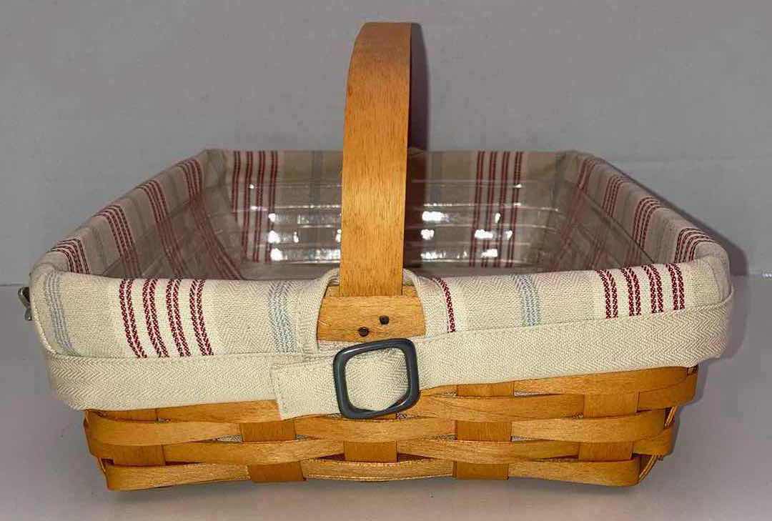 Photo 1 of LONGABERGER 2002 BACK PORCH MAPLE WOOD BASKET W BEIGE STRIPED FABRIC LINER & BASKET PROTECTOR 13.5” X 9.5” H3.5”