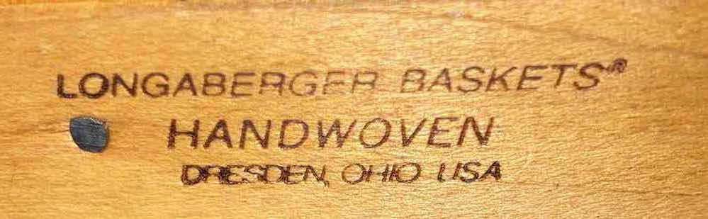 Photo 1 of LONGABERGER 2002 BACK PORCH MAPLE WOOD BASKET W BEIGE STRIPED FABRIC LINER & BASKET PROTECTOR 13.5” X 9.5” H3.5”