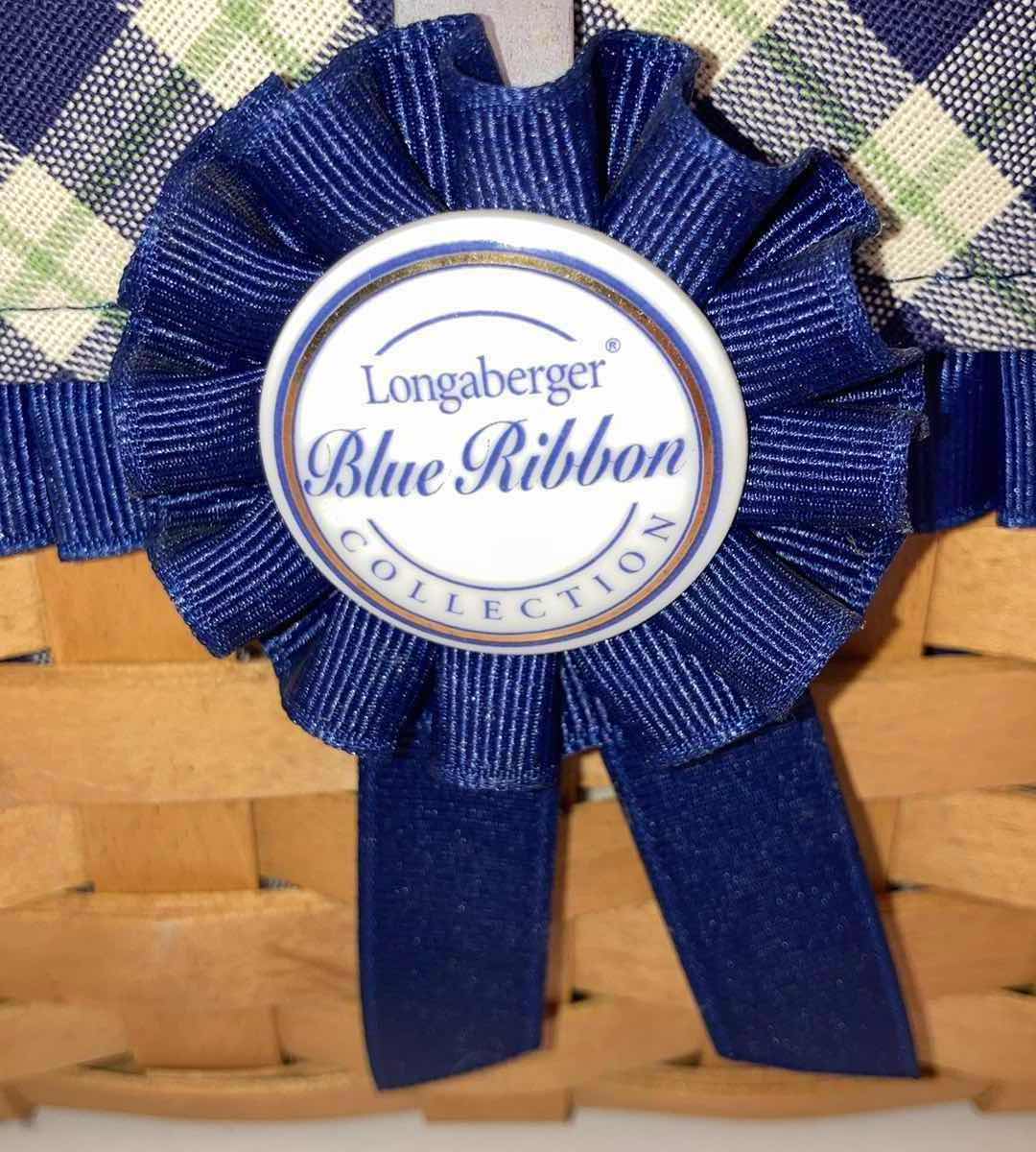 Photo 1 of LONGABERGER 2003 BLUE RIBBON COLLECTION CANNING MAPLE WOOD BASKET W BLUE PLAID FABRIC LINER & BASKET PROTECTOR 13.5” X 6” H5”