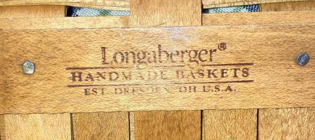 Photo 1 of LONGABERGER 2003 BLUE RIBBON COLLECTION CANNING MAPLE WOOD BASKET W BLUE PLAID FABRIC LINER & BASKET PROTECTOR 13.5” X 6” H5”