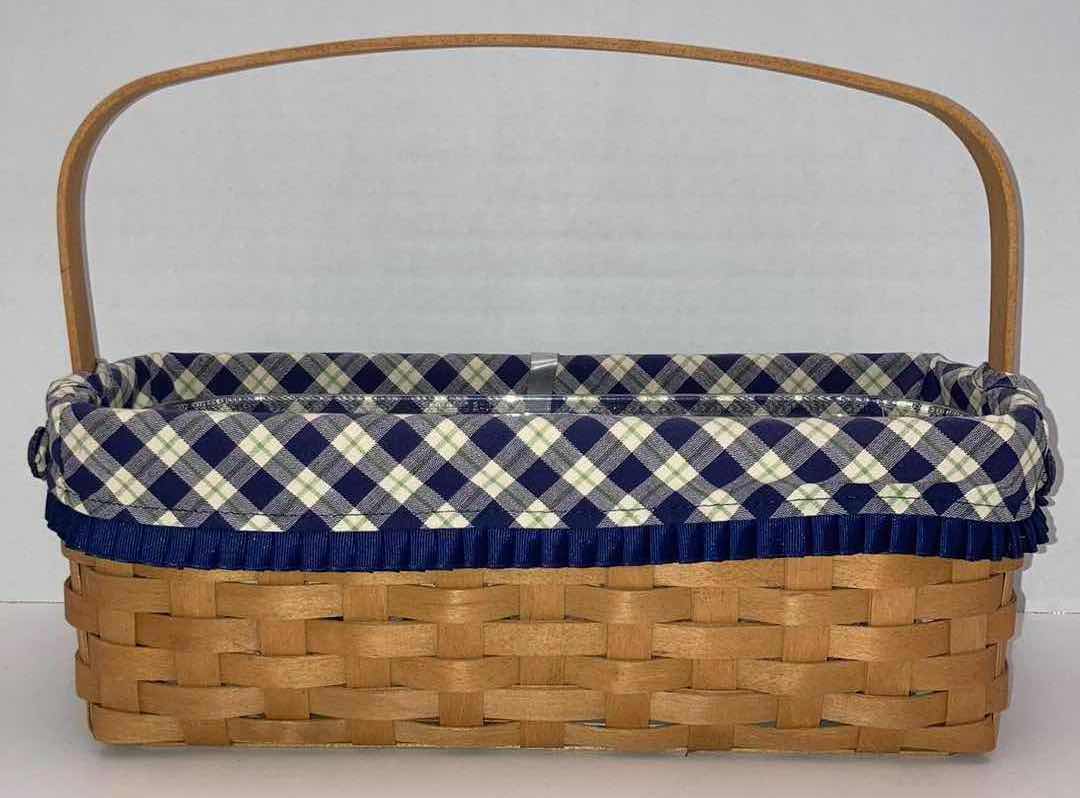 Photo 1 of LONGABERGER 2003 BLUE RIBBON COLLECTION CANNING MAPLE WOOD BASKET W BLUE PLAID FABRIC LINER & BASKET PROTECTOR 13.5” X 6” H5”