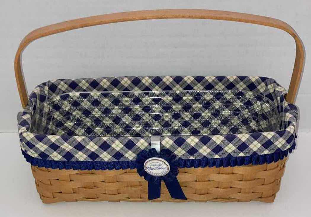 Photo 1 of LONGABERGER 2003 BLUE RIBBON COLLECTION CANNING MAPLE WOOD BASKET W BLUE PLAID FABRIC LINER & BASKET PROTECTOR 13.5” X 6” H5”