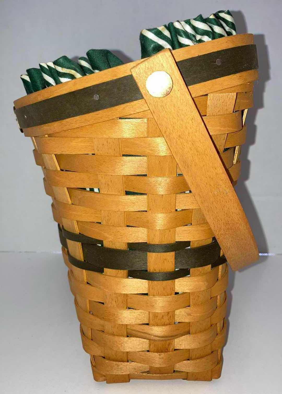 Photo 1 of LONGABERGER 1998 CHRISTMAS COLLECTION GLAD TIDINGS WALL HANGING MAPLE WOOD BASKET W GREEN STRIPED FABIC LINER & BASKET PROTECTOR 9” X 6.25” H9”