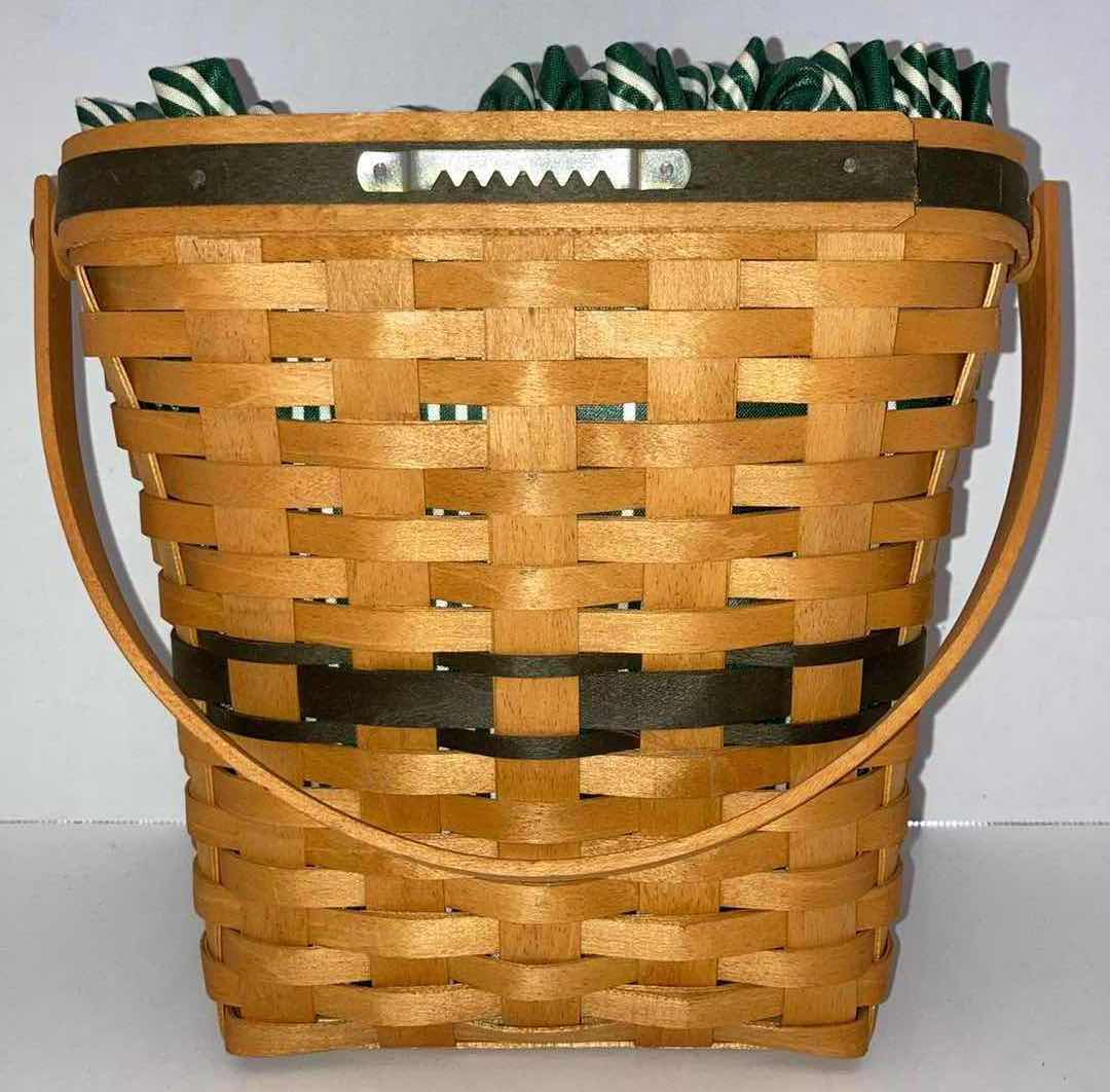 Photo 1 of LONGABERGER 1998 CHRISTMAS COLLECTION GLAD TIDINGS WALL HANGING MAPLE WOOD BASKET W GREEN STRIPED FABIC LINER & BASKET PROTECTOR 9” X 6.25” H9”