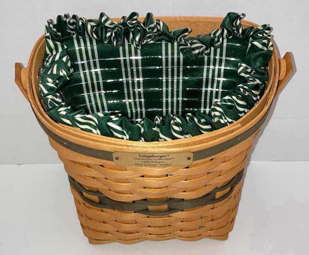 Photo 1 of LONGABERGER 1998 CHRISTMAS COLLECTION GLAD TIDINGS WALL HANGING MAPLE WOOD BASKET W GREEN STRIPED FABIC LINER & BASKET PROTECTOR 9” X 6.25” H9”