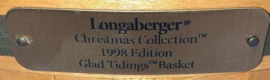 Photo 1 of LONGABERGER 1998 CHRISTMAS COLLECTION GLAD TIDINGS WALL HANGING MAPLE WOOD BASKET W GREEN STRIPED FABIC LINER & BASKET PROTECTOR 9” X 6.25” H9”
