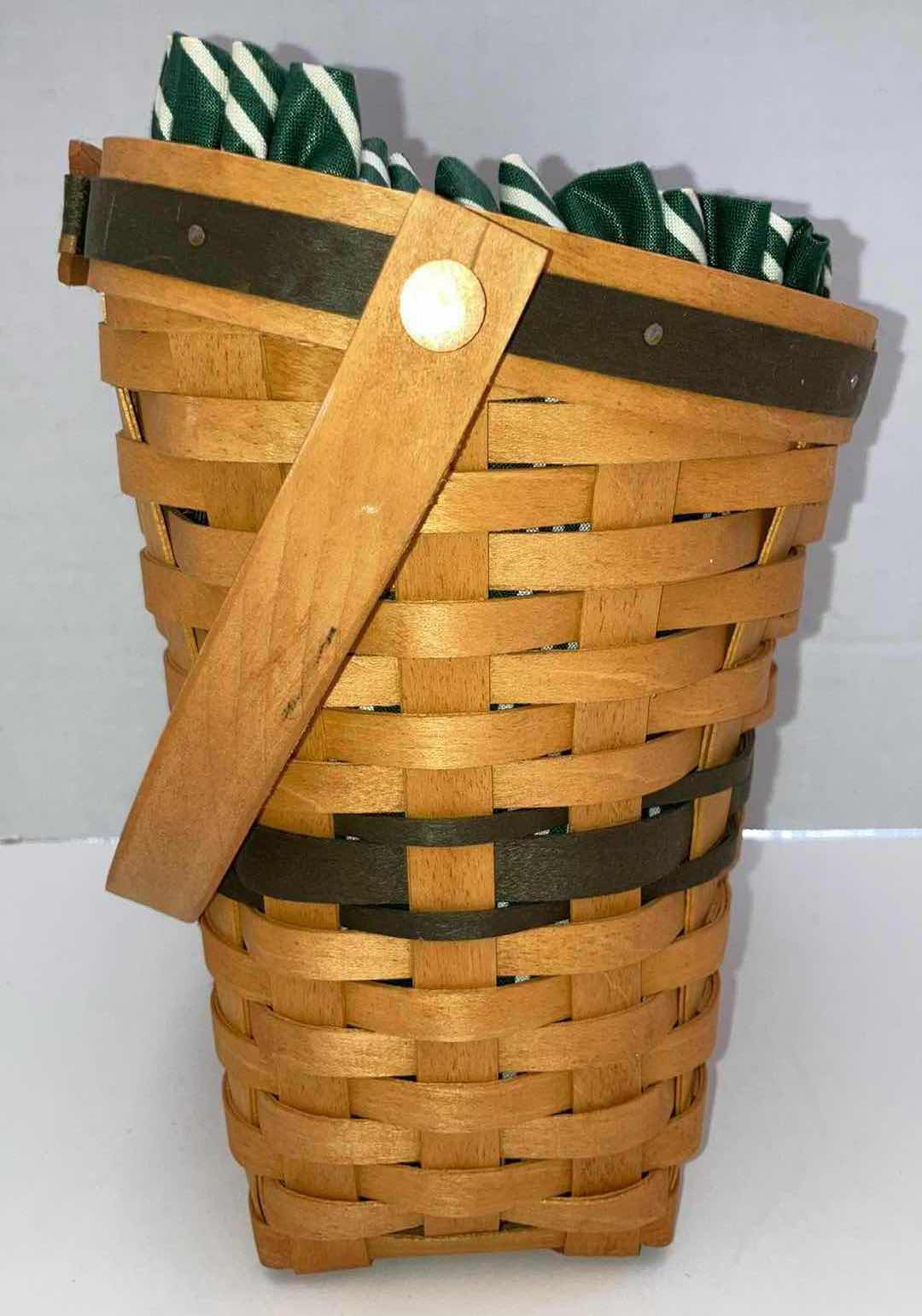 Photo 1 of LONGABERGER 1998 CHRISTMAS COLLECTION GLAD TIDINGS WALL HANGING MAPLE WOOD BASKET W GREEN STRIPED FABIC LINER & BASKET PROTECTOR 9” X 6.25” H9”