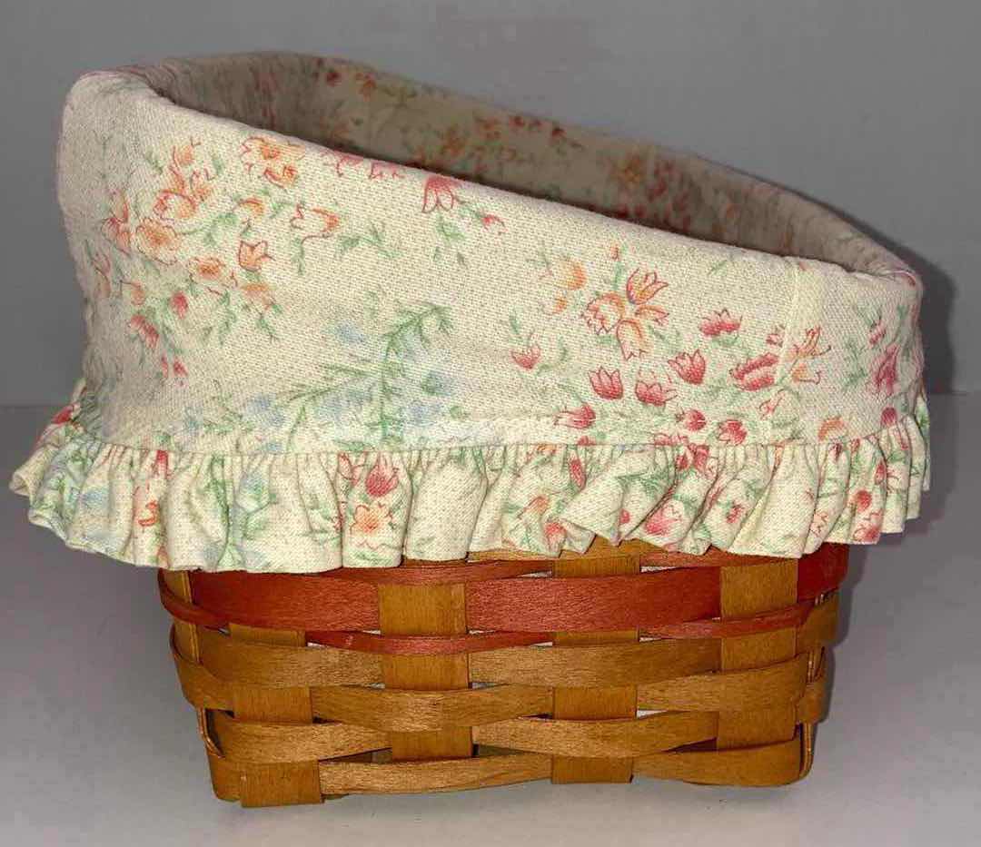 Photo 1 of LONGABERGER 1996 MOTHERS DAY VANITY MAPLE WOOD BASKET W FLORAL FABRIC LINER 14.5” X 7.5” H6.5”