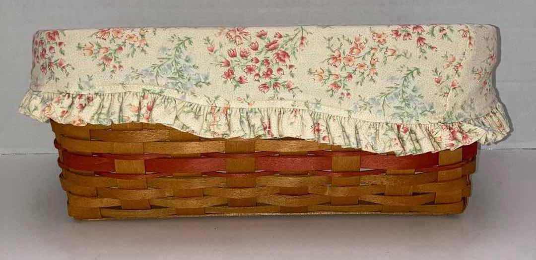 Photo 1 of LONGABERGER 1996 MOTHERS DAY VANITY MAPLE WOOD BASKET W FLORAL FABRIC LINER 14.5” X 7.5” H6.5”