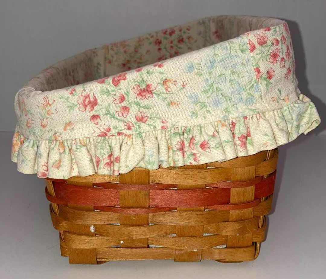 Photo 1 of LONGABERGER 1996 MOTHERS DAY VANITY MAPLE WOOD BASKET W FLORAL FABRIC LINER 14.5” X 7.5” H6.5”