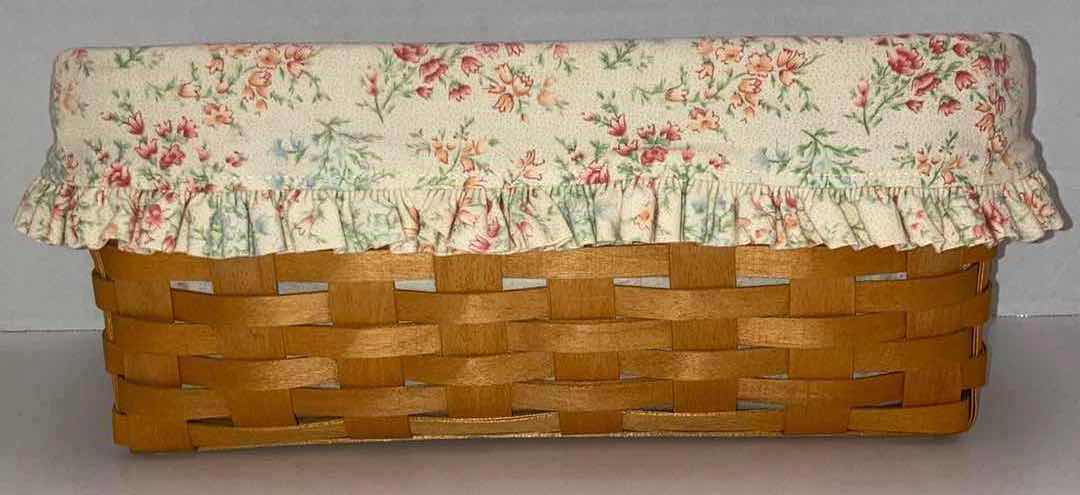 Photo 1 of LONGABERGER 2001 MOTHERS DAY VANITY MAPLE WOOD BASKET W FLORAL FABRIC LINER 14.5” X 7.5” H6.5”