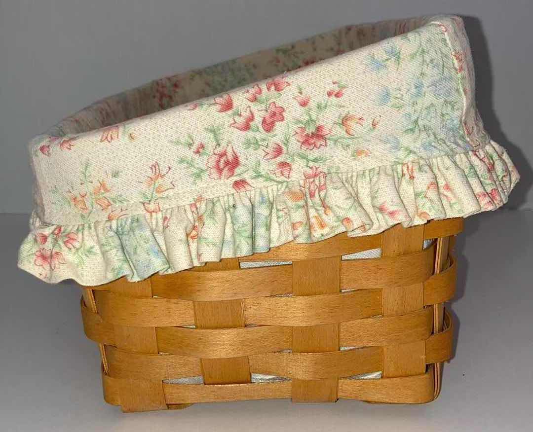 Photo 1 of LONGABERGER 2001 MOTHERS DAY VANITY MAPLE WOOD BASKET W FLORAL FABRIC LINER 14.5” X 7.5” H6.5”