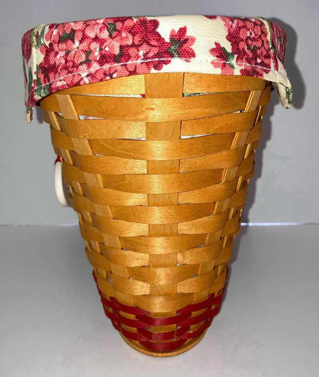 Photo 1 of LONGABERGER GERANIUM MAY SERIES MAPLE WOOD BASKET W GERANIUM FABRIC LINER & BASKET PROTECTOR 10” X 6.25” H7.75”