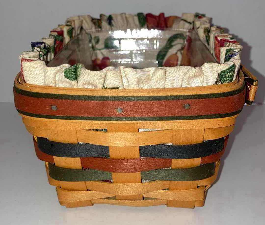 Photo 1 of LONGABERGER 1998 BAKER’S BOUNTY MAPLE WOOD BASKET W FRUIT FABRIC LINER & BASKET PROTECTOR 10” X 6.25” H3.75”
