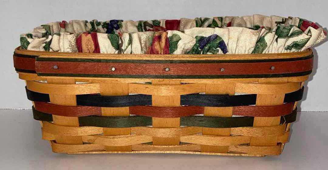 Photo 1 of LONGABERGER 1998 BAKER’S BOUNTY MAPLE WOOD BASKET W FRUIT FABRIC LINER & BASKET PROTECTOR 10” X 6.25” H3.75”